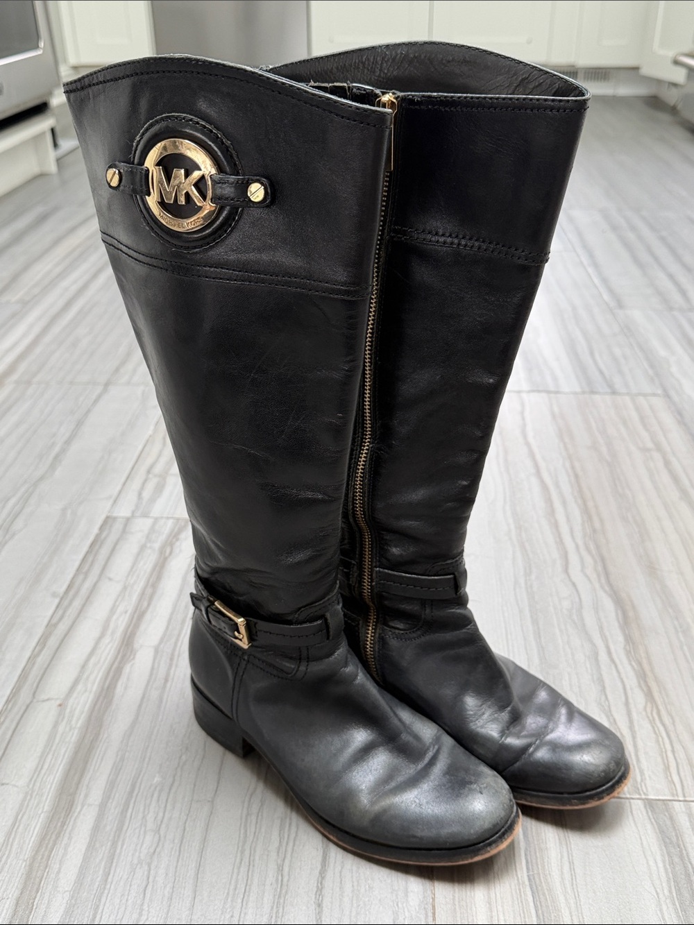 Michael Kors Black Leather Tall Boots with Gold MK Emblem